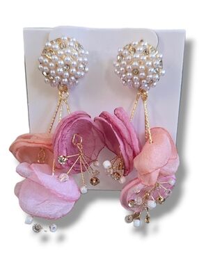 NEW! Pearl Cluster Drop Earrings with Pink Fabric Flowers
